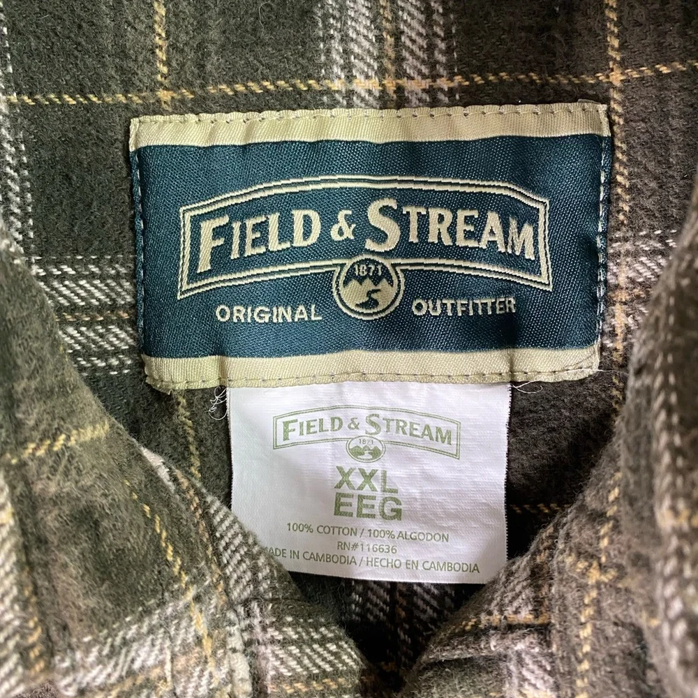Field & Stream Men XXL Brown Plaid Flannel Button Down 100% Cotton Shirt